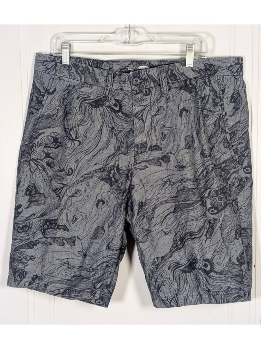 Old Navy Mens Size 38 Slim Fit Gray Blue Floral Artsy Shorts Flat Front Chino